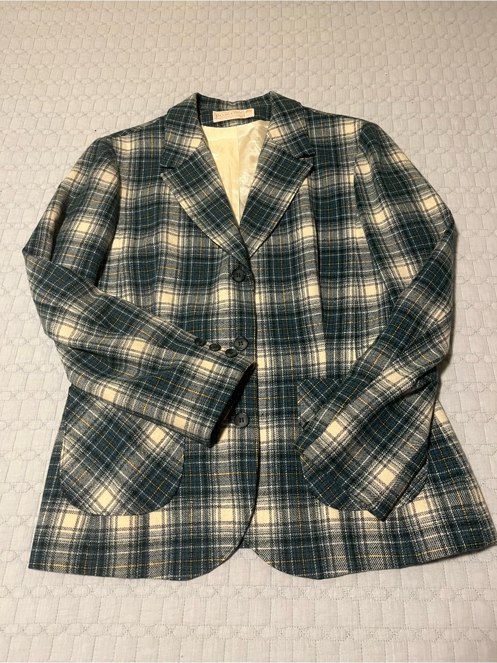 Vintage Pendleton Teal and Cream Plaid Blazer Fully lined pockets flawless, Sz 8